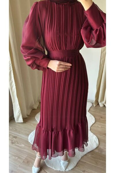 BestShopping Janjan Pleated Evening Dress Claret Red