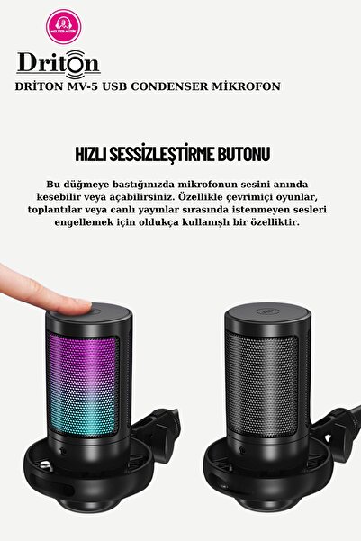 DRİTON Driton Youtuber Mikrofon Mv-5 Siyah Rgb Usb Oyuncu Yayıncı Ve Podcast Için Uyumlu Condenser Mikrofon
