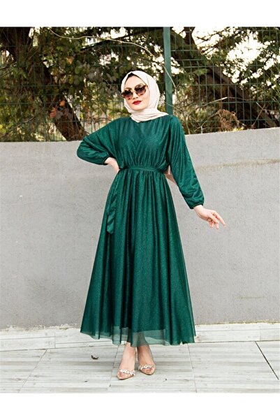 MY DREAM Βραδινό φόρεμα χιτζάμπ σε ασημί σμαραγδί πράσινο με ζώνη μέσης