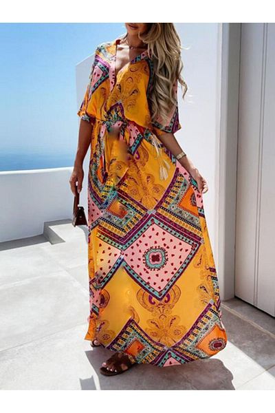 FASHION COCKTAIL Rochie lungă boemă din in - croială fluture, ciucuri duble și șnur