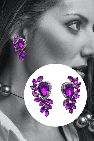 Furtek Aksesuar Women's Purple Angel Wing Model Zircon Stone Diamond Evening Dress Wedding Engagement Promise Party Prom Earrings