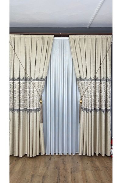 GLOMAR Single Wing 1/3 Close Pleat Jacquard - Panel Background Curtain, Cream Beige Gold Detailed