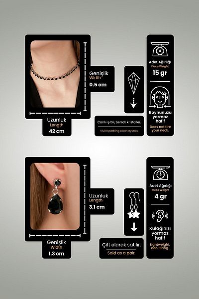 Furtek Aksesuar Women's Preto Model Zircon Stone Black Water Path Necklace Earring Set Wedding Promise Henna Party Evening Dress Jewelry Set