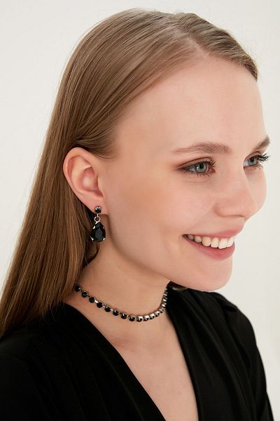 Furtek Aksesuar Women's Preto Model Zircon Stone Black Water Path Necklace Earring Set Wedding Promise Henna Party Evening Dress Jewelry Set