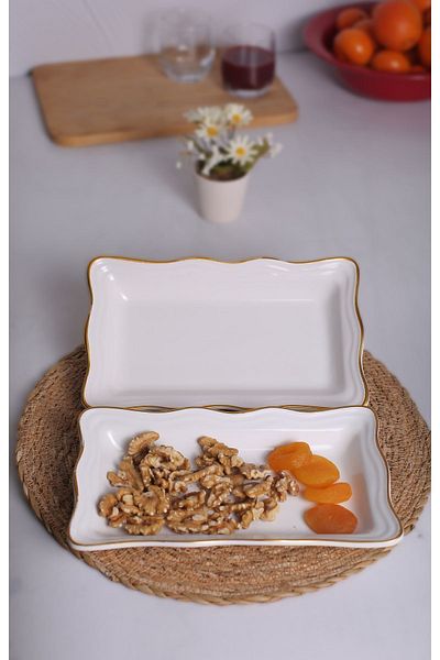 FBE HOME White Color Gilded Serenat Serving - Presentation Plate 2 Pieces