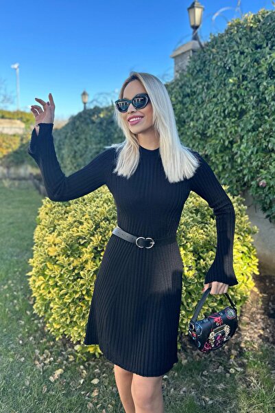 For Angels Black Ribbed Belted Knitwear Dress