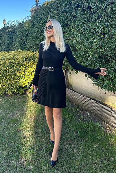 For Angels Black Ribbed Belted Knitwear Dress