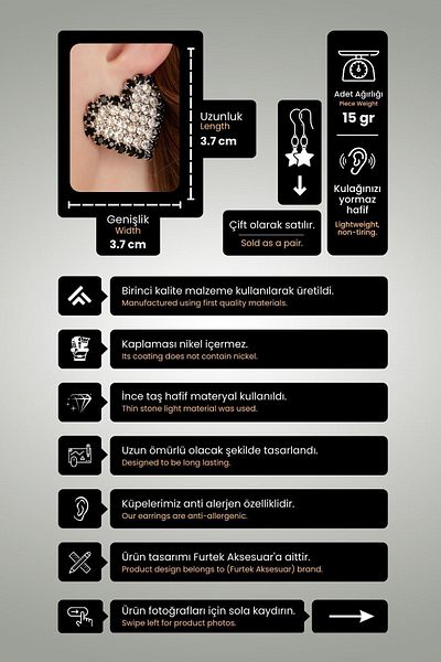 Furtek Aksesuar Women's Black and White Compressed Stone Heart Model Daily Evening Dress Wedding Party Henna Prom Prom Earrings