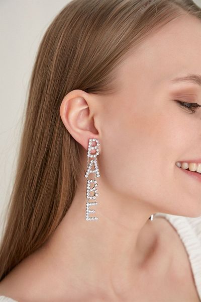 Furtek Aksesuar Women's Babe Crystal Zircon Stone Letter Model Hanging Silver Evening Dress Daily Party Promise Henna Earrings