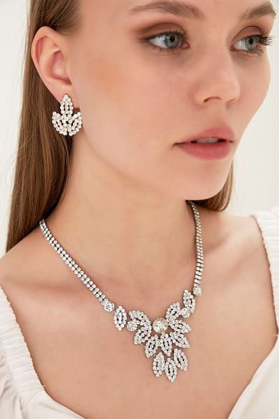 Furtek Aksesuar Women's Reina Model Crystal Zircon Stone Silver Waterway Necklace Earring Set Wedding Promise Henna Bridal Jewelry Set