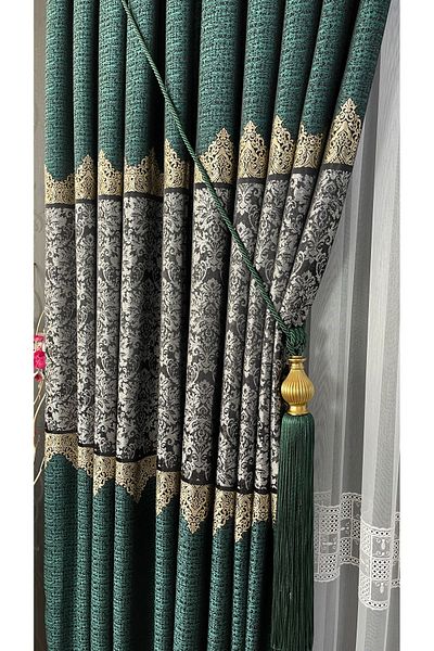 GLOMAR Emerald Green Damaks Patterned - 1/3 Close Pleat Jacquard Single Wing Panel Background Curtain