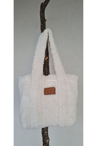 Luvili Teddy Plush Bag, Small Size Plush Bag with Snap Fasteners White