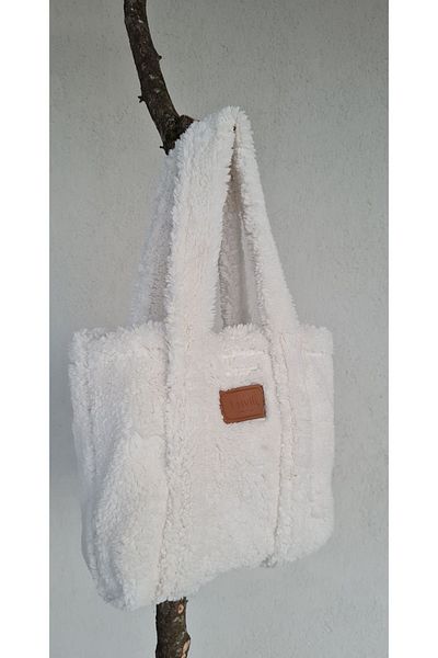 Luvili Teddy Plush Bag, Small Size Plush Bag with Snap Fasteners White