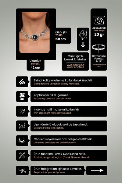 Furtek Aksesuar Women's Black Oval Model Zircon Stone Silver Diamond Evening Dress Choker Wedding Engagement Necklace Leash Choker