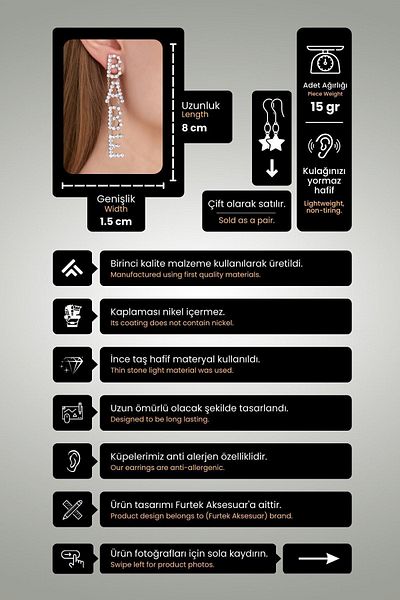 Furtek Aksesuar Women's Babe Crystal Zircon Stone Letter Model Hanging Silver Evening Dress Daily Party Promise Henna Earrings