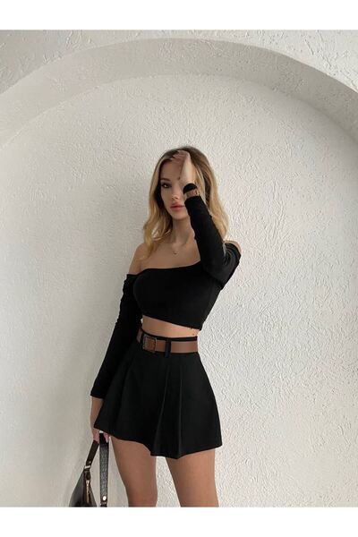 LB Laluna Butik Kadın Piliseli Kemerli Mini Şortlu Etek