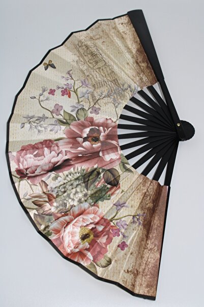 Ayenci Siyah Renkli Çiçek Desenli Serinletici Bambu Kumaşlı Vip Yelpaze