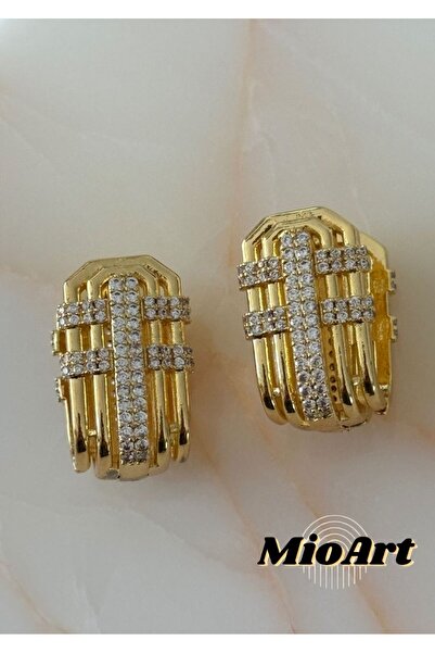 MioArt Baguette Patterned Triangle Jewelled Steel Serenay - Sarıkaya Combination Earrings