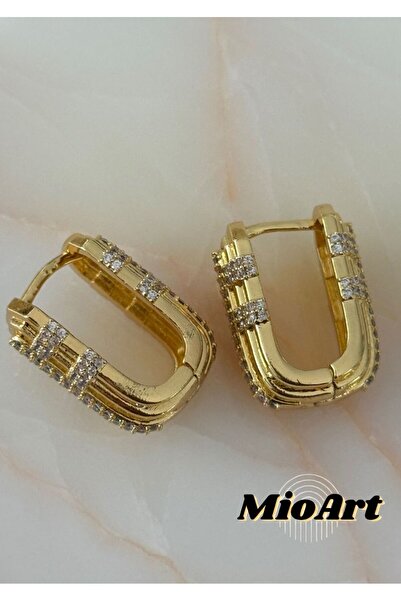 MioArt Baguette Patterned Triangle Jewelled Steel Serenay - Sarıkaya Combination Earrings