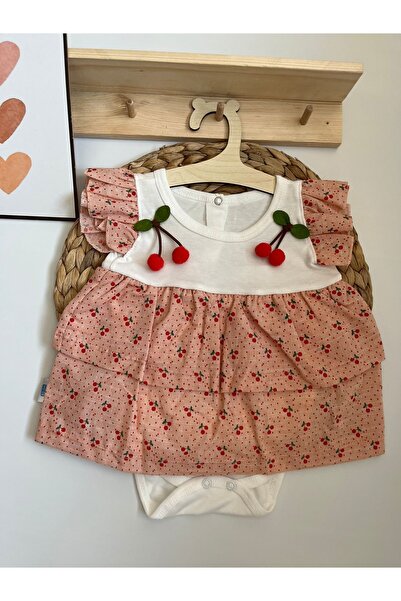 Miraydın Butik Kiraz Detaylı Kendinden Zıbınlı Kız Bebek Elbise %100 Pamuk