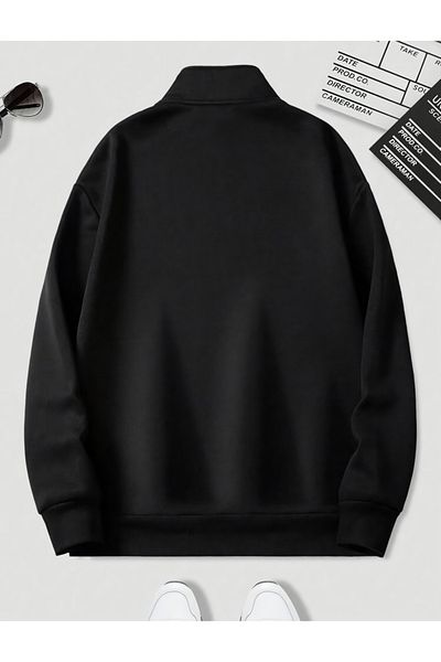 ALİKA Unisex Stand Collar Zippered Oversize Sweatshirt Black