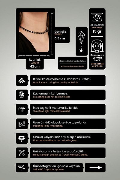 Furtek Aksesuar Women's Viva Model Zircon Stone Black Single Row Evening Dress Daily Collar Choker Daily Choker Necklace