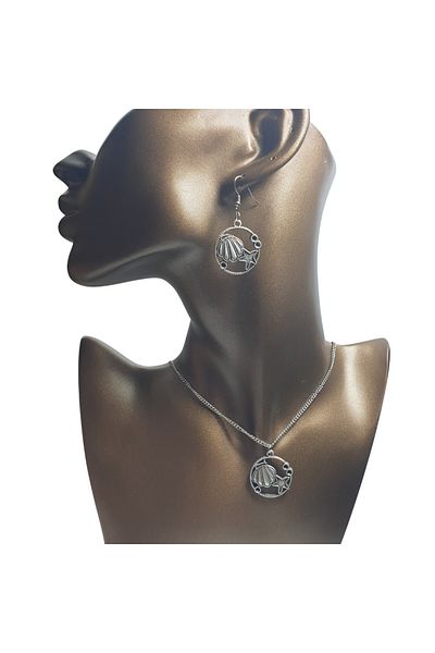 Ororabutik Silver Color 30mm Seashell Figured Necklace and Earring Set