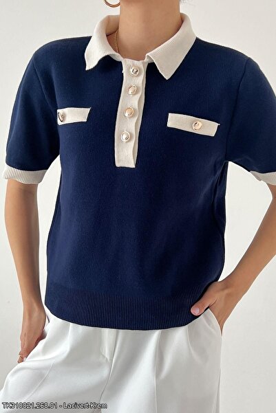 De Pose Γυναικείο πλεκτό με κοντομάνικο εποχιακό λαιμό πόλο μπροστά με κουμπιά