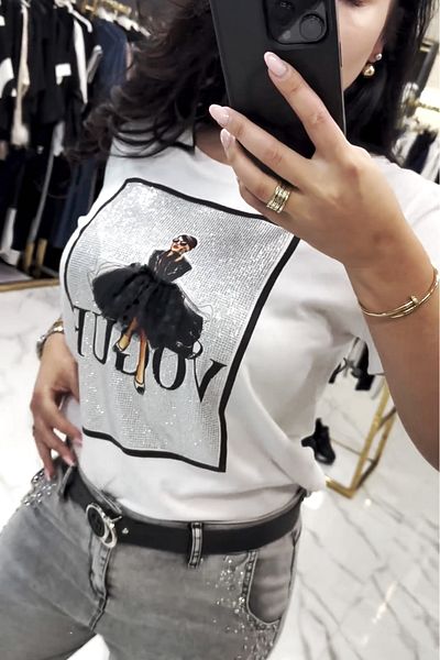 RICH GLAM Plus Size Women's Crystal Jewelled Short Sleeve with Skirt Stylish Comfortable Cotton White Women's T-Shirt
