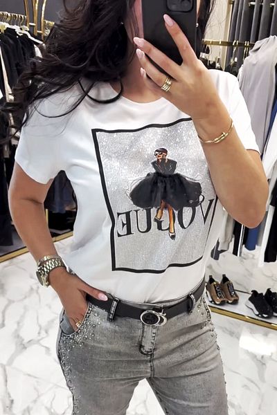 RICH GLAM Plus Size Women's Crystal Jewelled Short Sleeve with Skirt Stylish Comfortable Cotton White Women's T-Shirt