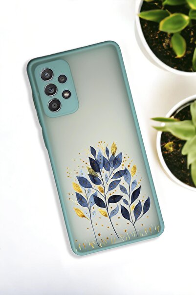mooodcase Samsung A33 Uyumlu Mavi Yaprak Desenli Buzlu Şeffaf Lüx Telefon Kılıfı