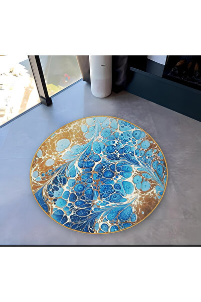 Rugs Modern Halı Mavi Temalı Soyut Ebruli Sanatı Desenli Yuvarlak Dokuma Taba...