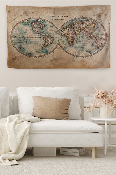Dropcek eticaret Wintage World Map Patterned Quality Canvas Wall Carpet - 4059