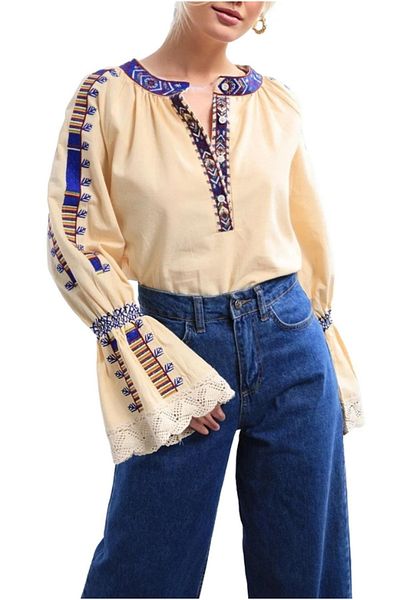 Cassime Ethnic Κεντημένη Vintage Μπεζ Γυναικεία Μπλούζα με Γκιπούρ