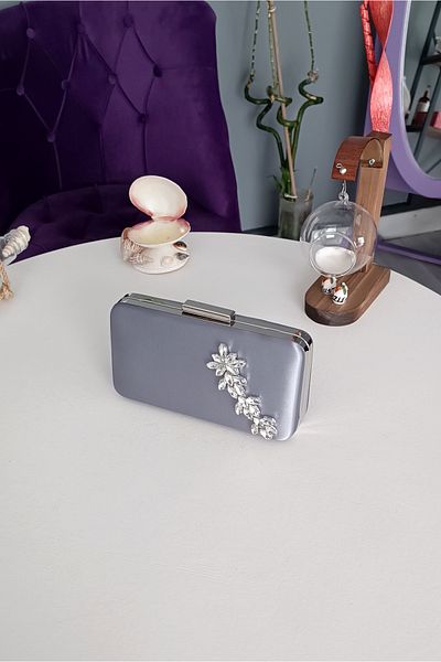 LA CALZATURE Platinum Satin Women's Evening Bag - with Metal Box and Star Accessory