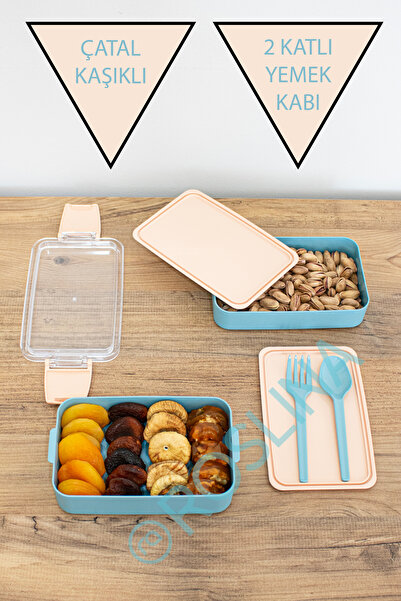 2 Katlı Yemek Saklama Kabı Beslenme Kutusu seti Lunch Box Diyet Beslenme Saklama Kabı Çatal Kaşıklı