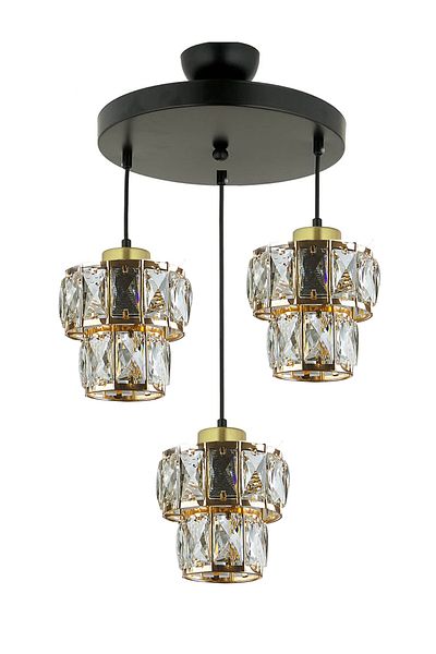 Uçar Kontes Gold - Transparent Crystal Stone, Living Room Triple Chandelier