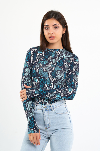 woreys Parmak Detaylı Soft Touch Bisiklet Yaka Mavi Damga Royal Desenli  Body