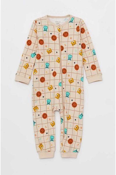 LC Waikiki Beige Crew Neck Long Sleeve Printed 2-piece Baby Boy Rompers Set
