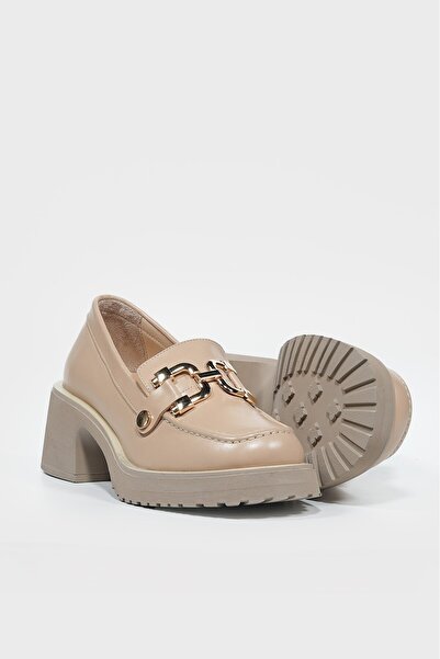 TUNAELLİ KADIN NUDE HAKİKİ DOĞAL DERİ 36-41 NUMARA TOKALI LOAFER AYAKKABI