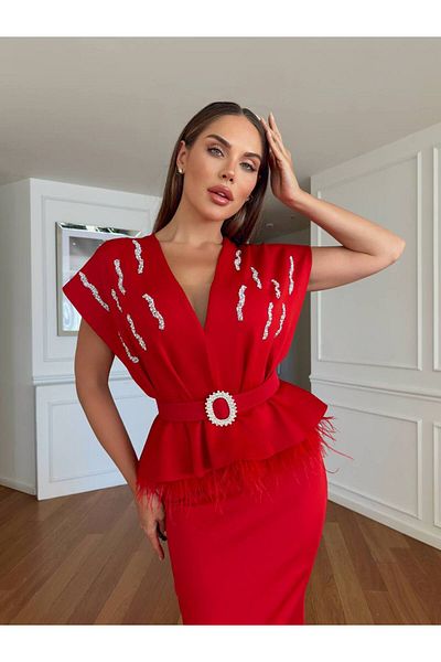 1Moda1Tarz Γυναικείο Μίντι Φόρεμα με Κόκκινη Εισαγόμενη Υφασμάτινη Ζώνη Λεπτομέρεια Ειδικού Σχεδιασμού
