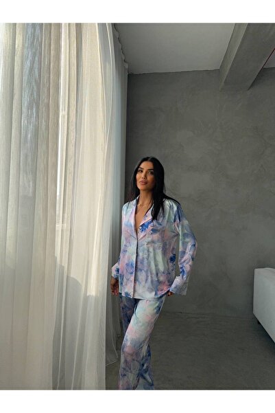 BELLA MOON MAVİ ÇİÇEKLİ SATEN PİJAMA TAKIMI