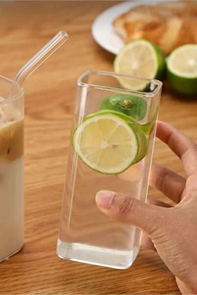 Gülümseten Avm 350ml Square Coffee Glass - 2-Piece Straw, Soft Drink and Cold Coffee Glass