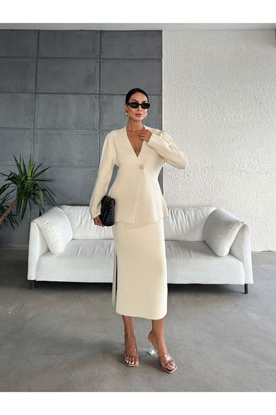 İKRAFASHİON Knitwear Skirt and Jacket Set - Single Button