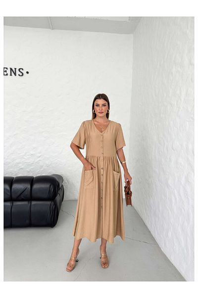 Elif Özbey Butik Λινό φόρεμα Camel με τσέπες