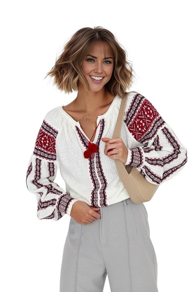 Cassime Λευκή Πλεκτή Μπλούζα με λαιμόκοψη V με φούντα - Γυναικεία