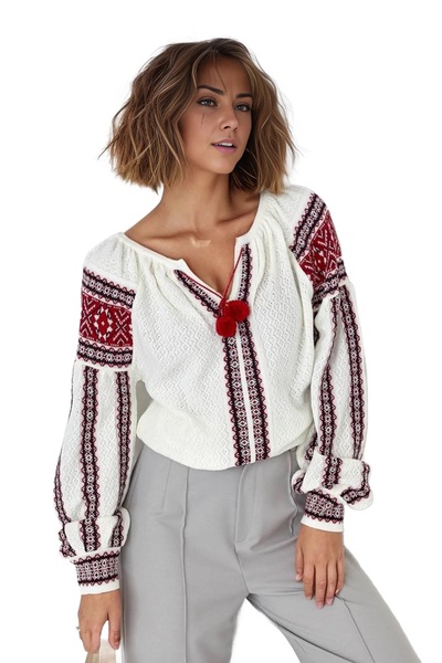 Cassime Λευκή Πλεκτή Μπλούζα με λαιμόκοψη V με φούντα - Γυναικεία