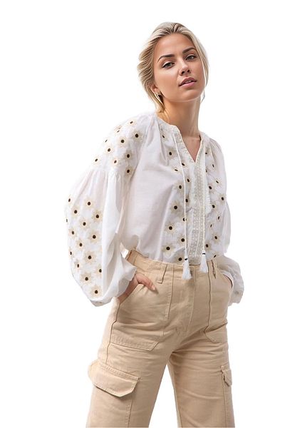 Cassime Vintage Λευκό Μοτίβο - Γυναικεία Ethnic Κεντημένη Βαμβακερή Μπλούζα