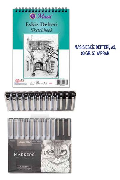 Masis Technical Drawing Set - 12 Pieces Pencil and A5 Sketch Notebook