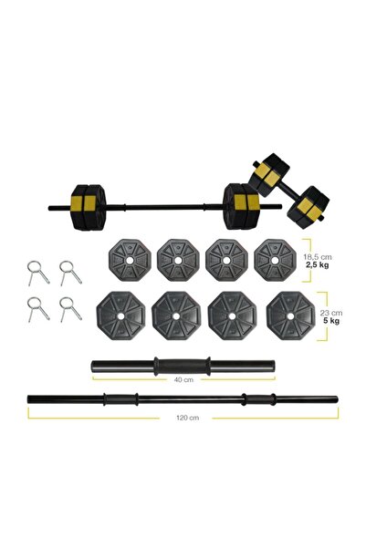 TAN SPOR 30 Kg Düz Bar (150 CM) Ve Kısa Bar Dumbell - Ağırlık - Halter Seti Sarı Kapaklı